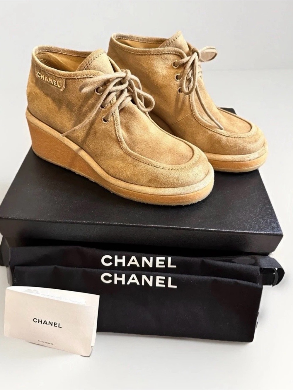CHANEL Beige Calfskin Suede Wedge 24K Lace-up Ankle Boots Gold Logo 38 FULL SET